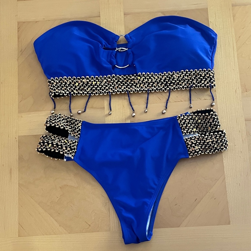 Blue and Gold Beaded Bikini Set size large NEW